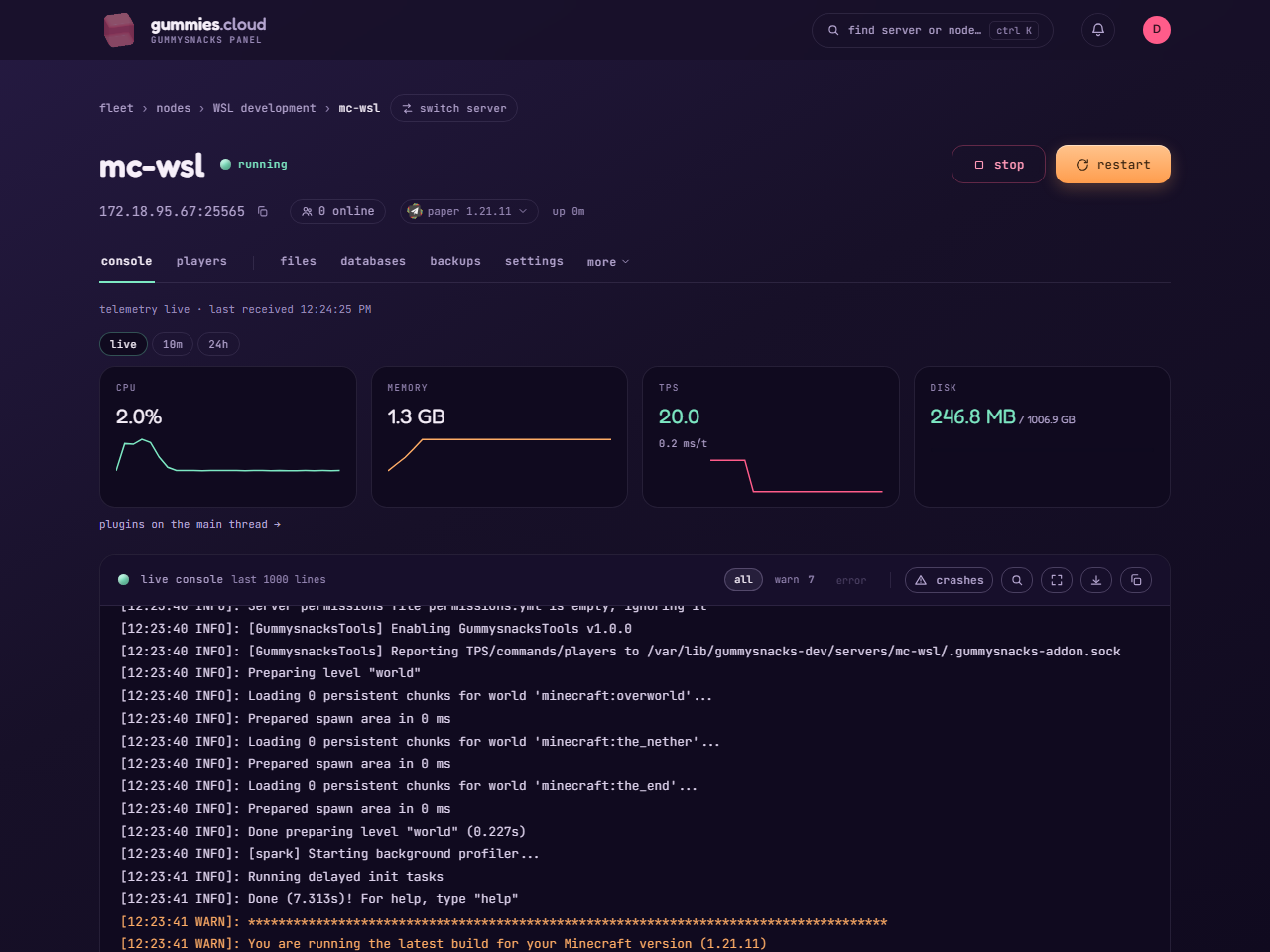 gummysnacks live Minecraft console with CPU, memory, and TPS metrics